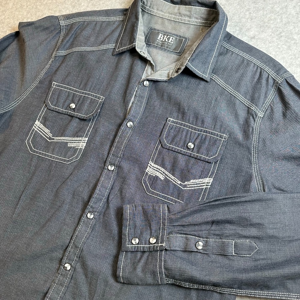 BKE Athletic Fit Mens Large Gray Western Pearl Snap Shirt Long Sleeve Cowboy